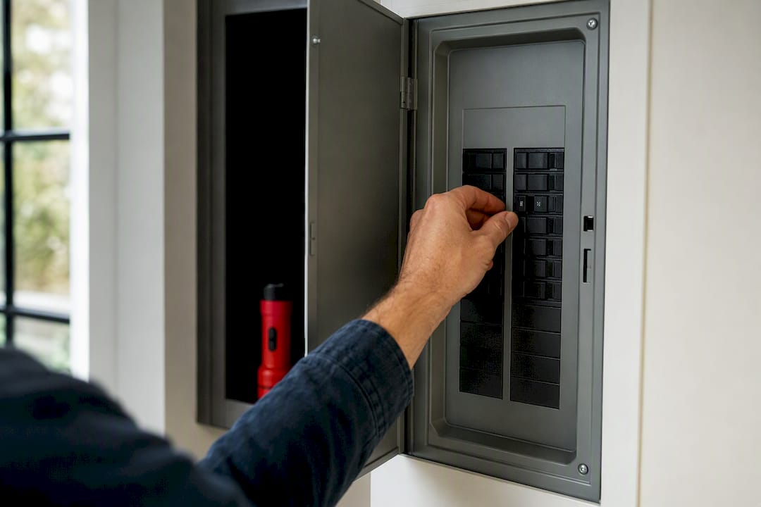 Homeowner resetting breaker after outage