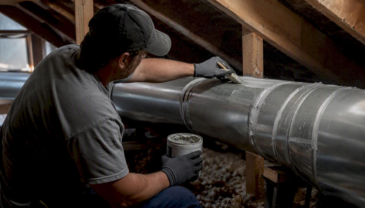 Hand applying duct mastic sealant in attic