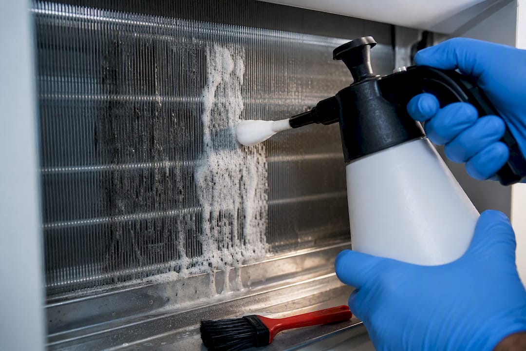 Foam being applied to AC coil fins