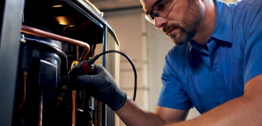 Technician inspecting an AC compressor