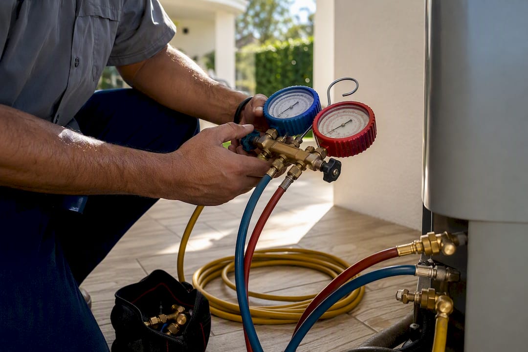 Technician testing HVAC refrigerant charge