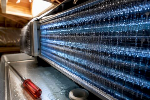 Water condensing on an evaporator coil