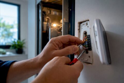 Technician inspecting thermostat wiring