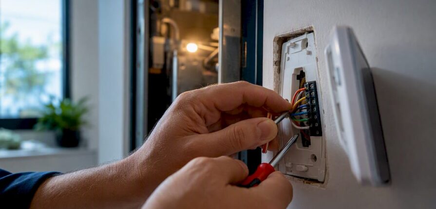 Technician inspecting thermostat wiring