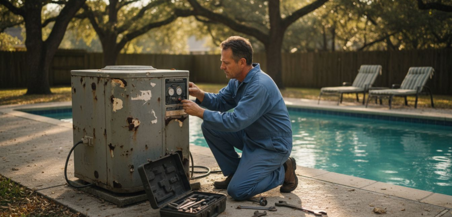 Technician repairs pool heater beside backyard pool