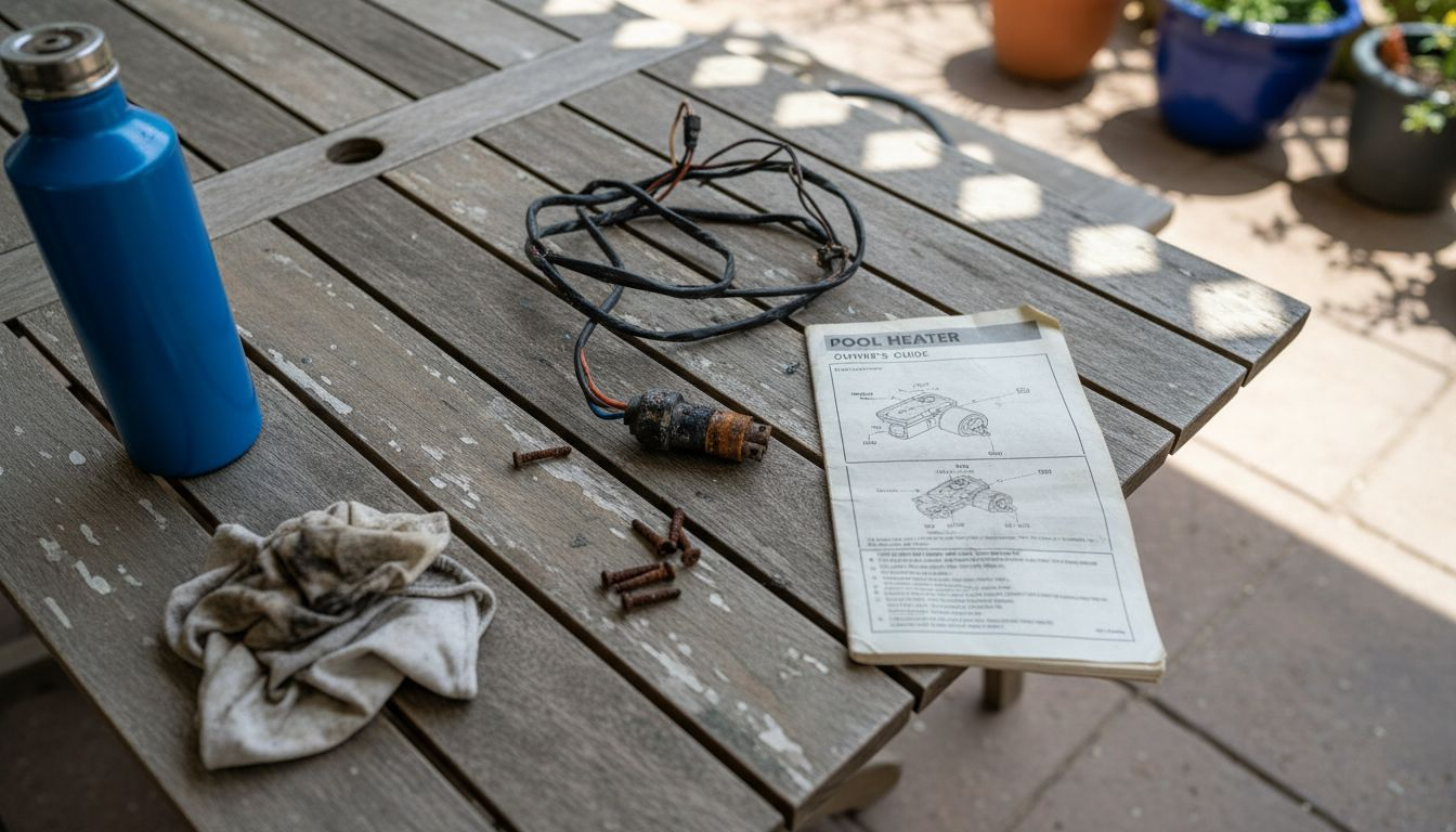 Pool heater parts and repair tools on table