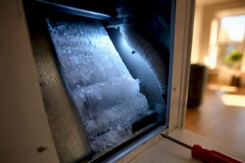 Frozen ice coating an evaporator coil