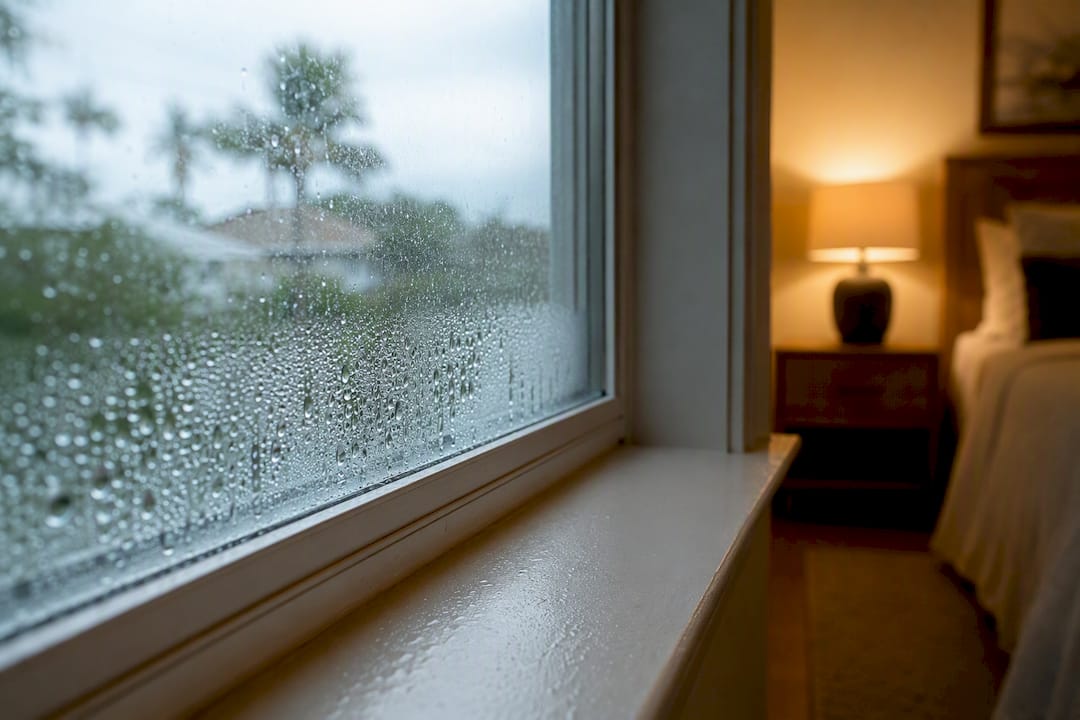 Condensation droplets covering a bedroom window