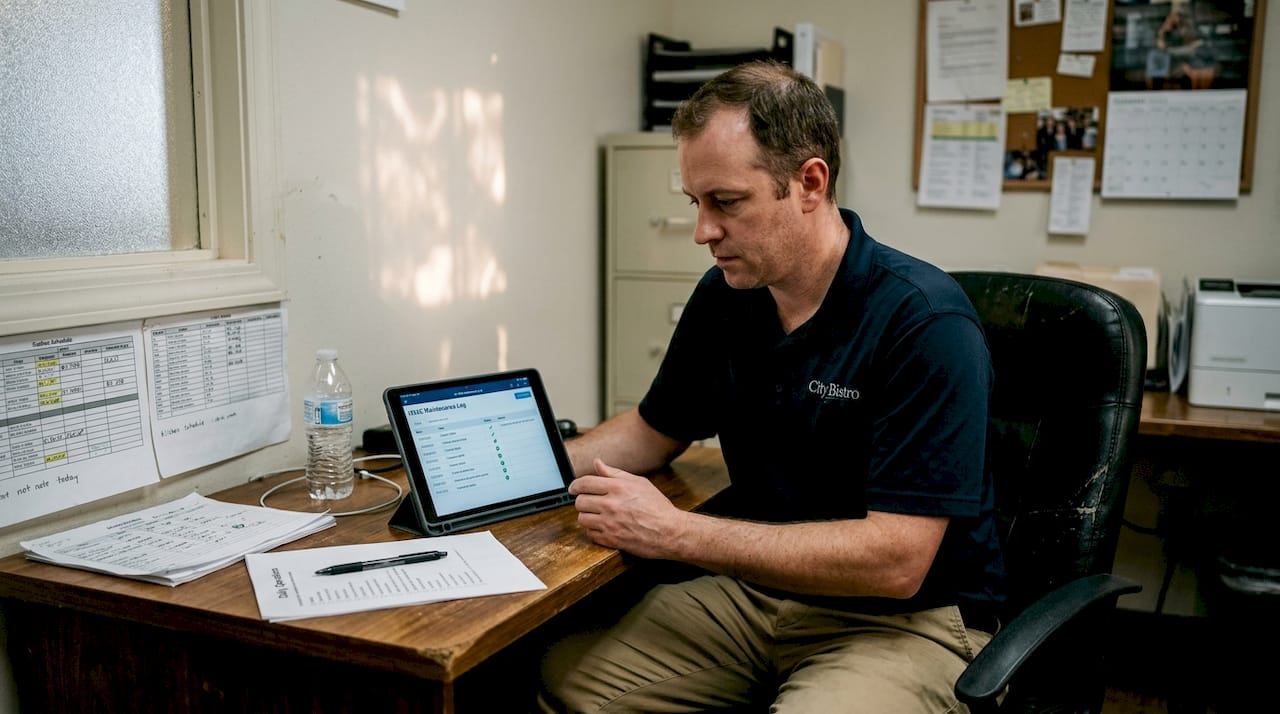 Staff reviewing HVAC log on tablet