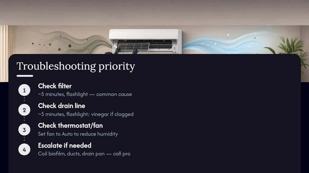 Three-step AC odor troubleshooting order