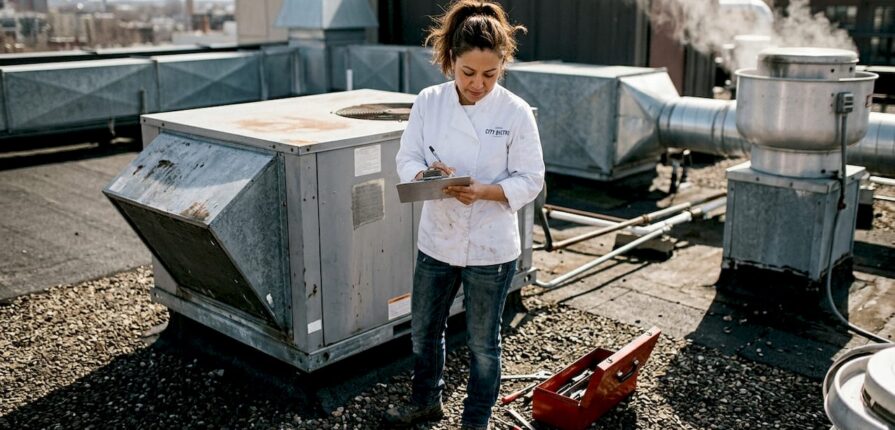 Restaurant manager checking rooftop HVAC unit