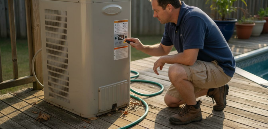 Technician working on outdoor pool heater