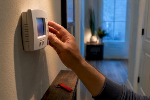 Homeowner checking an air conditioner thermostat