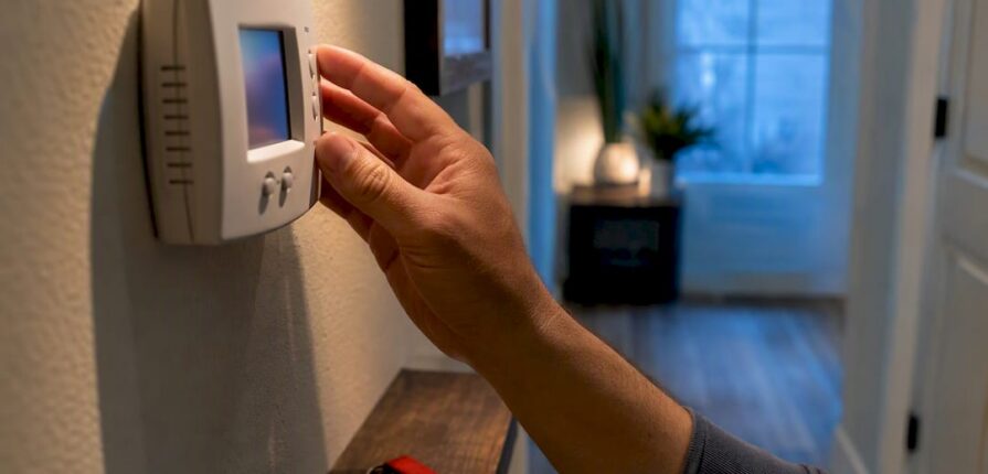 Homeowner checking an air conditioner thermostat