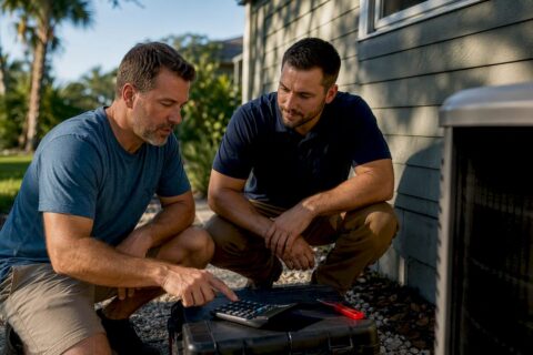 Homeowner planning a heat pump installation